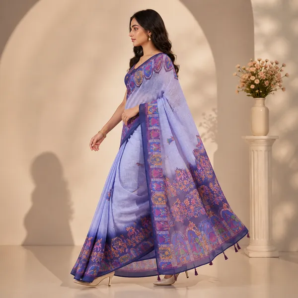 Purple_Floral_Print_Linen_Saree_With_Blouse_For_Women