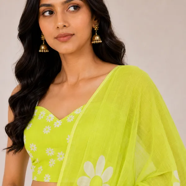 Green_Linen_Floral_Print_Saree_With_Embroidered_Blouse_For_Women