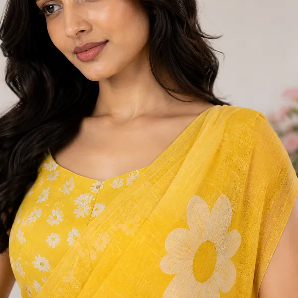 Yellow_Linen_Floral_Embroidered_Saree_With_Blouse_For_Women