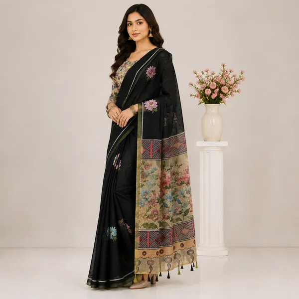 Black_Linen_Floral_Print_Saree_With_Striped_Border_For_Women