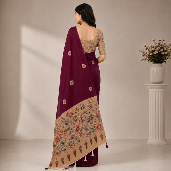 Maroon_Chiffon_Floral_Print_Saree_With_Blouse_For_Women