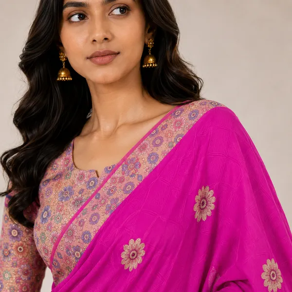 Pink_Linen_Floral_Print_Saree_For_Women