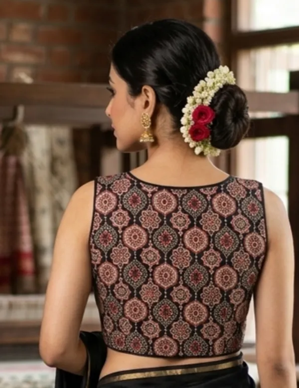 Black_Cotton_Ajrakh_Smocked_V-Neck_Blouse_For_Women