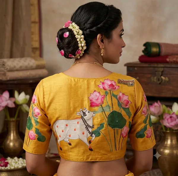 Yellow_Tussar_Silk_Pichwai_Print_Ethnic_Blouse_For_Women