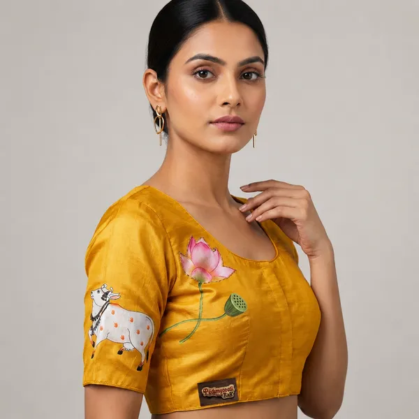 Yellow_Tussar_Silk_Pichwai_Print_Ethnic_Blouse_For_Women