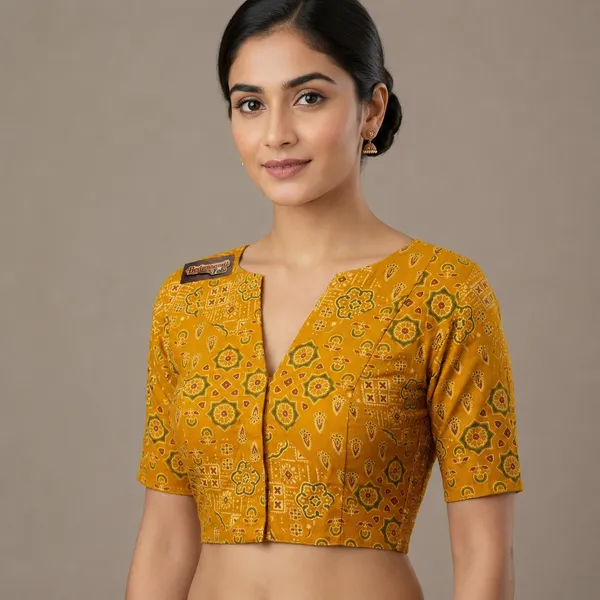 Yellow_Poly-Cotton_Smocked_Geometric_Print_Blouse_For_Women