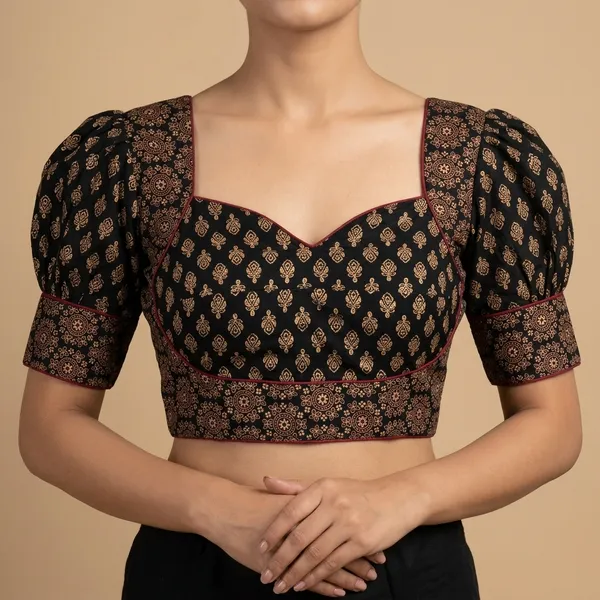 Black_Cotton_Puff_Sleeve_Sweetheart_Neck_Print_Blouse_For_Women