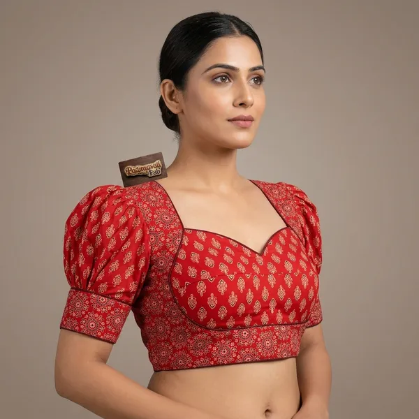 Red_Cotton_Puff_Sleeve_Sweetheart_Neck_Print_Blouse_For_Women