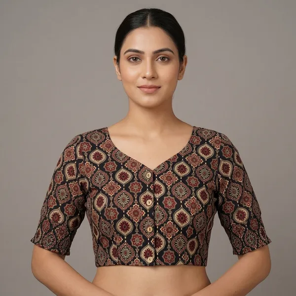 Black_Cotton_Lycra_Block-Print_V-Neck_Blouse_For_Women