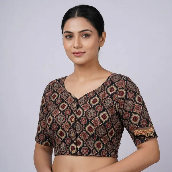 Black_Cotton_Lycra_Block-Print_V-Neck_Blouse_For_Women