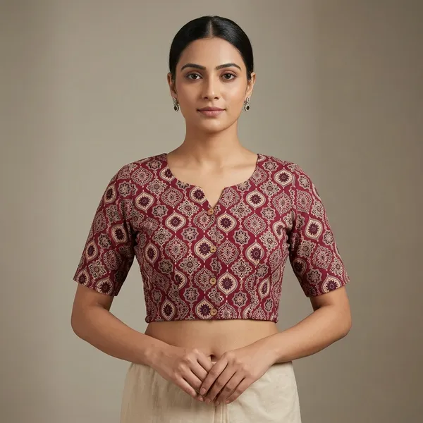 Maroon_Cotton_Lycra_Block-Print_V-Neck_Blouse_For_Women