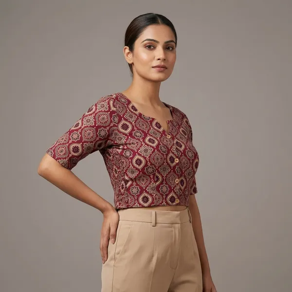 Maroon_Cotton_Lycra_Block-Print_V-Neck_Blouse_For_Women