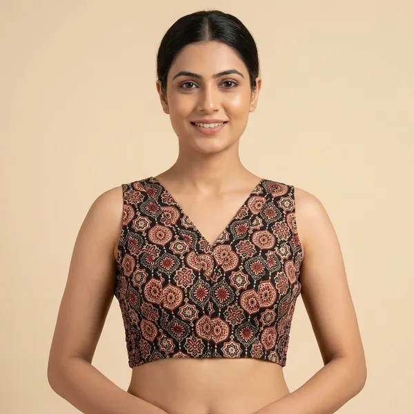 Black_Cotton_Ajrakh_Smocked_V-Neck_Blouse_For_Women