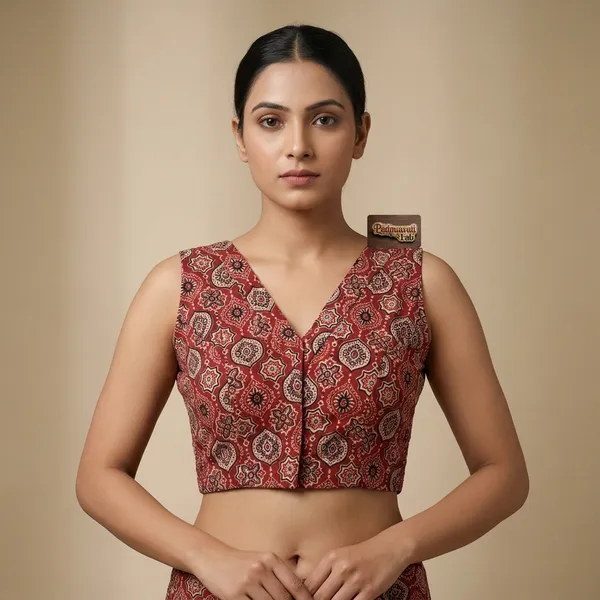 Maroon_Cotton_Ajrakh_Smocked_V-Neck_Blouse_For_Women