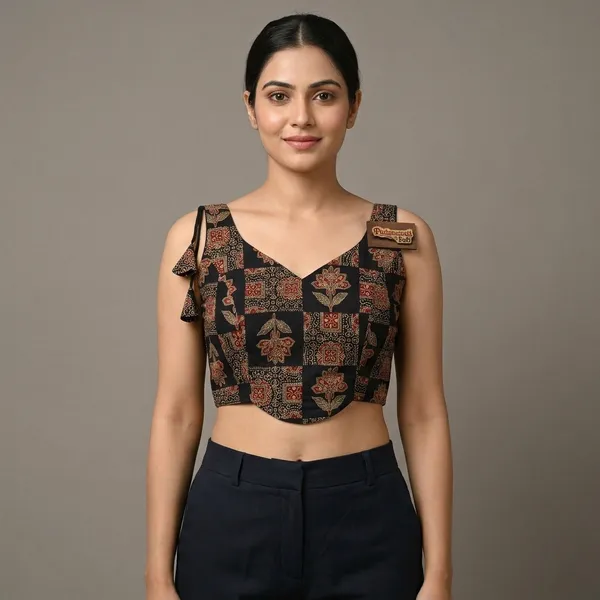 Black_Cotton_Ajrakh_Block-Print_Sleeveless_Blouse_For_Women