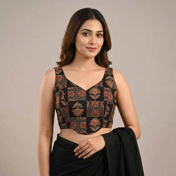 Black_Cotton_Ajrakh_Block-Print_Sleeveless_Blouse_For_Women