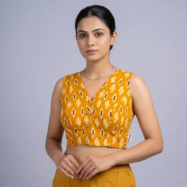 Yellow_Cotton_Lycra_Ikat_Print_Stretch-Fit_Blouse_For_Women