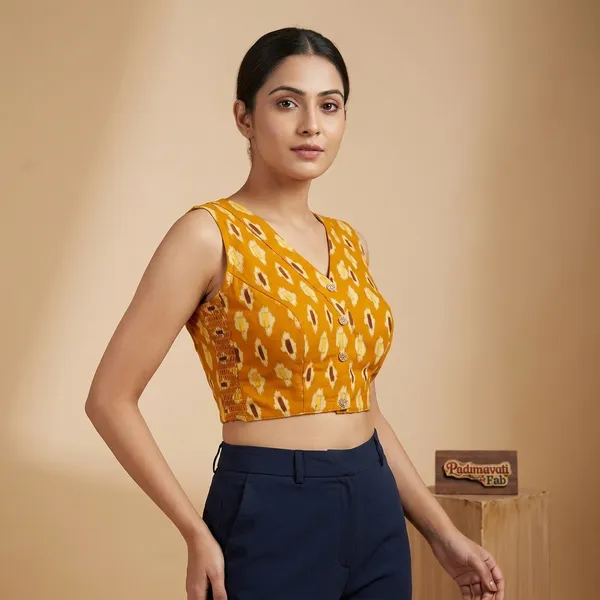 Yellow_Cotton_Lycra_Ikat_Print_Stretch-Fit_Blouse_For_Women