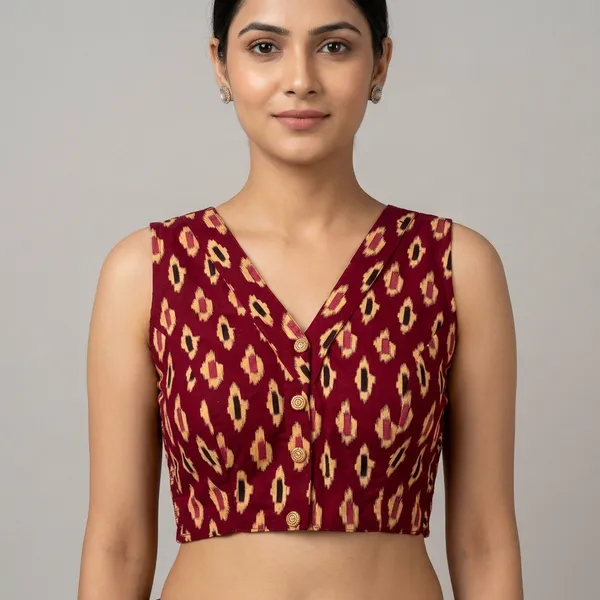 Maroon_Cotton_Lycra_Ikat_Print_Stretch-Fit_Blouse_For_Women