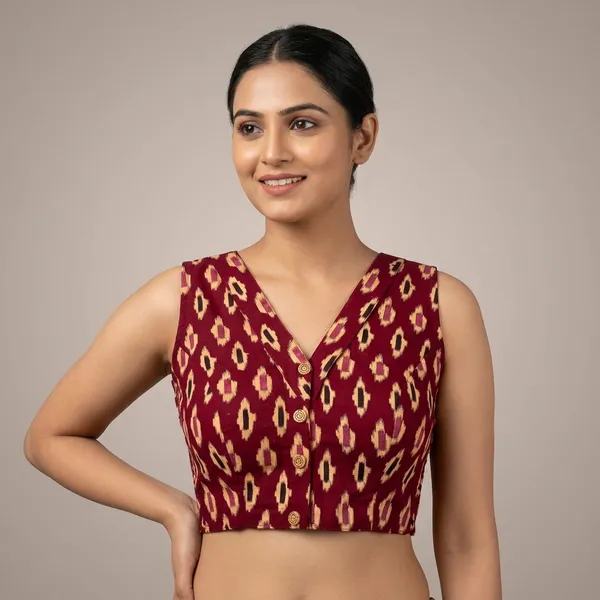 Maroon_Cotton_Lycra_Ikat_Print_Stretch-Fit_Blouse_For_Women
