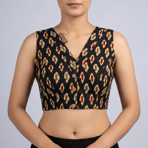 Black_Cotton_Lycra_Ikat_Print_Stretch-Fit_Blouse_For_Women