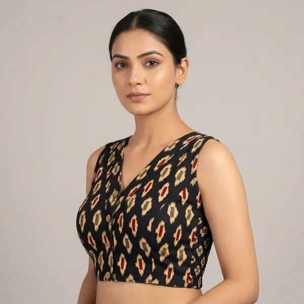 Black_Cotton_Lycra_Ikat_Print_Stretch-Fit_Blouse_For_Women