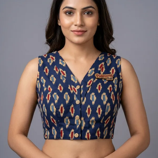 Blue_Cotton_Lycra_Ikat_Print_Stretch-Fit_Blouse_For_Women