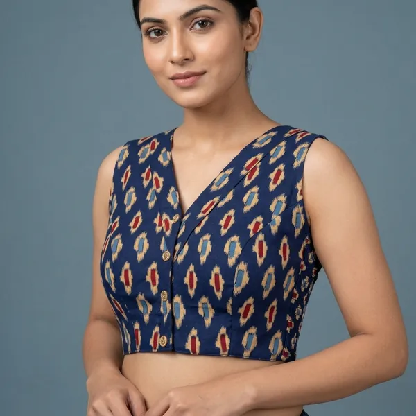 Blue_Cotton_Lycra_Ikat_Print_Stretch-Fit_Blouse_For_Women