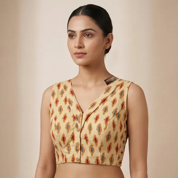 Cream_Cotton_Lycra_Ikat_Print_Stretch-Fit_Blouse_For_Women