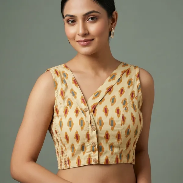 Cream_Cotton_Lycra_Ikat_Print_Stretch-Fit_Blouse_For_Women