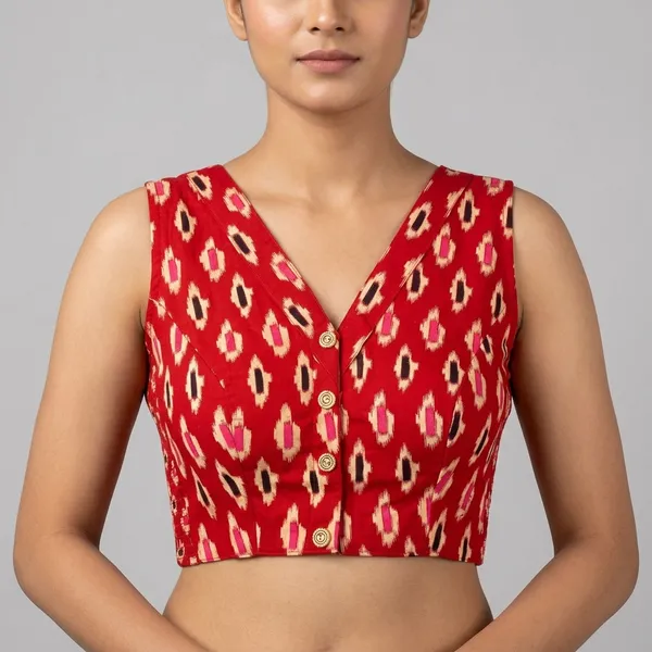 Red_Cotton_Lycra_Ikat_Print_Stretch-Fit_Blouse_For_Women