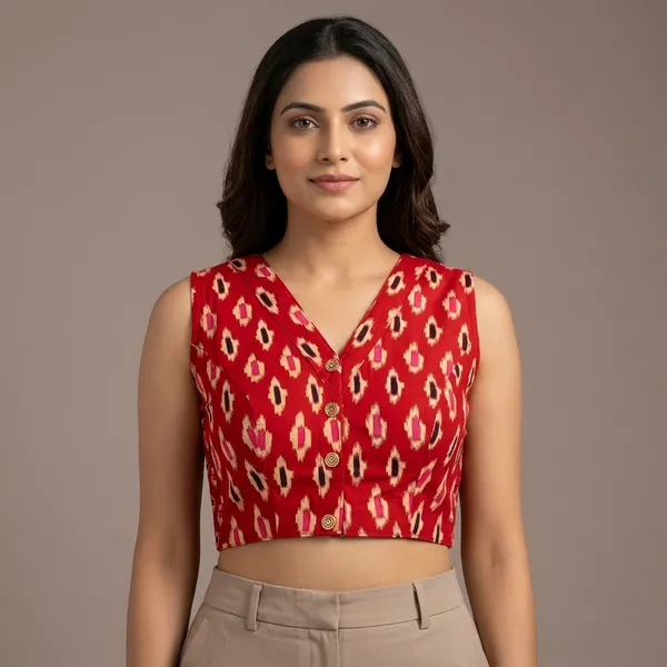 Red_Cotton_Lycra_Ikat_Print_Stretch-Fit_Blouse_For_Women