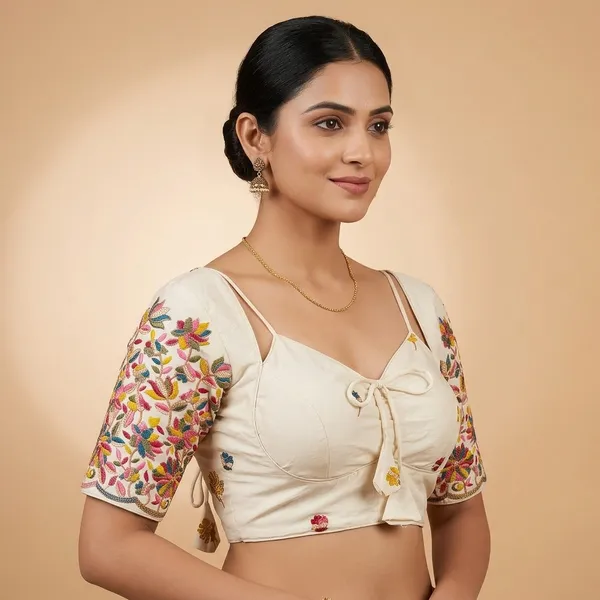 White_Silk-Cotton_Deep-V_Kashmiri_Bloom_Embroidered_Blouse_For_Women