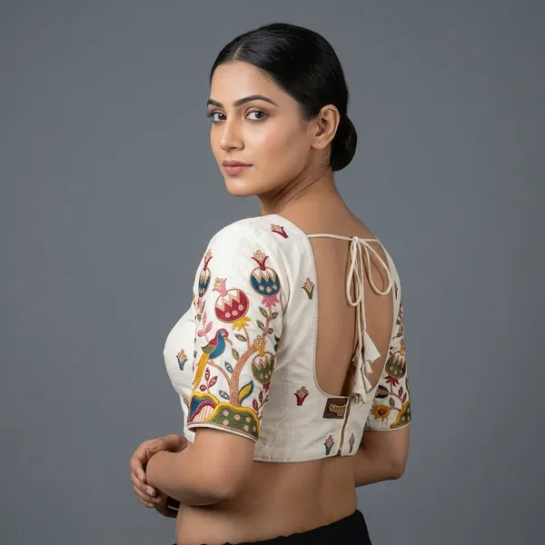 White_Silk_Cotton_Deep-V_Kashmiri_Bloom_Embroidered_Blouse_For_Women