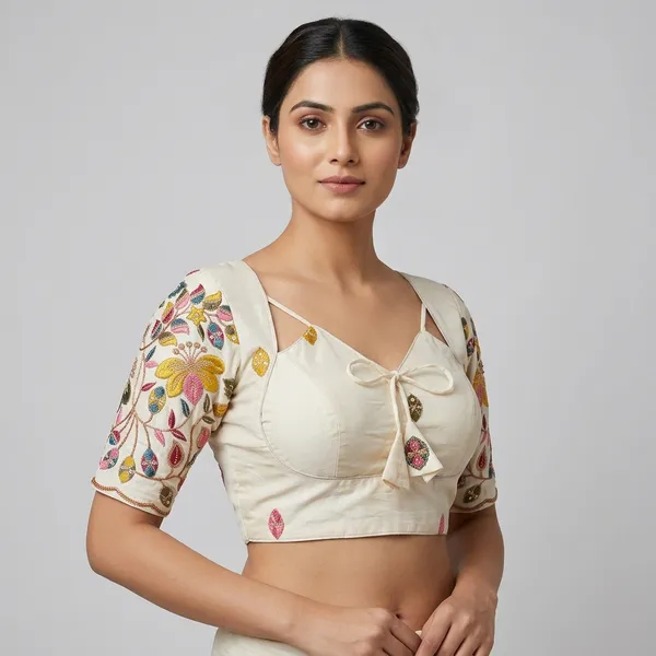 White_Silk-Cotton_Deep-V_Kashmiri_Bloom_Embroidered_Blouse_For_Women