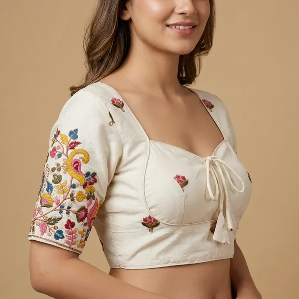 White_Silk_Cotton_Deep-V_Kashmiri_Bloom_Embroidered_Blouse_For_Women