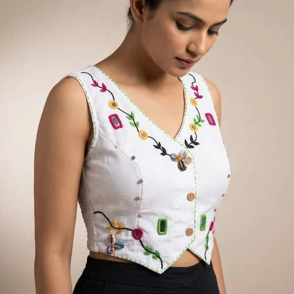 White_Cotton_Sleeveless_Mirror_Work_Vest_Blouse_For_Women