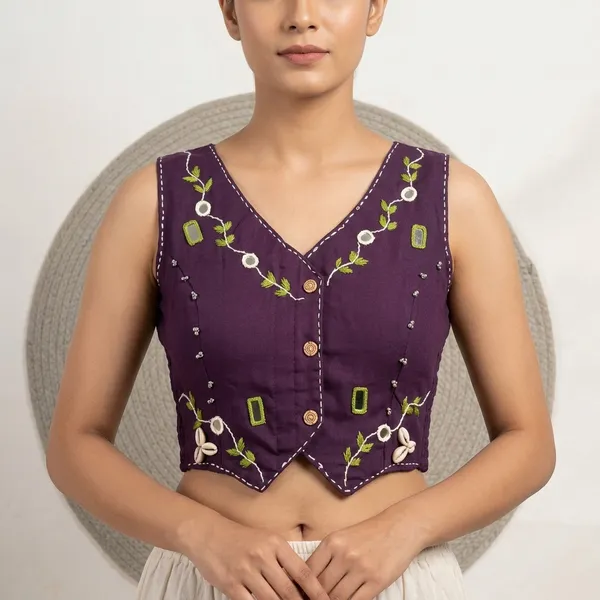 Wine_Cotton_Sleeveless_Mirror_Work_Vest_Blouse_For_Women