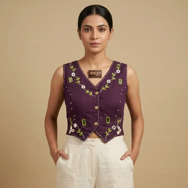 Wine_Cotton_Sleeveless_Mirror_Work_Vest_Blouse_For_Women