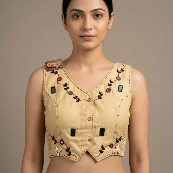 Cream_Cotton_Sleeveless_Mirror_Work_Vest_Blouse_For_Women