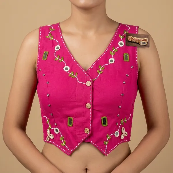 Pink_Cotton_Sleeveless_Mirror_Work_Vest_Blouse_For_Women