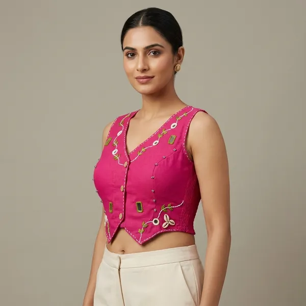 Pink_Cotton_Sleeveless_Mirror_Work_Vest_Blouse_For_Women