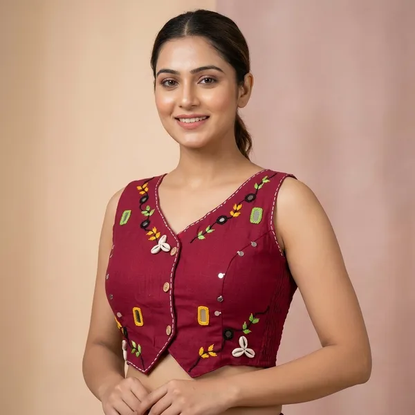 Maroon_Cotton_Sleeveless_Mirror_Work_Vest_Blouse_For_Women