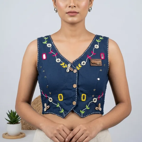 Blue_Cotton_Sleeveless_Mirror_Work_Vest_Blouse_For_Women
