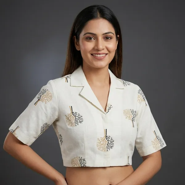 White_Linen-Cotton_Lapel_Collar_Botanical_Print_Blouse_For_Women