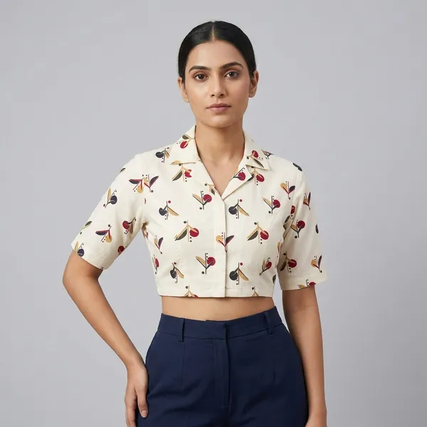 White_Linen-Cotton_Lapel_Collar_Botanical_Print_Blouse_For_Women