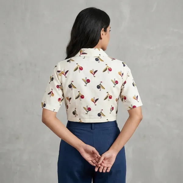 White_Linen-Cotton_Lapel_Collar_Botanical_Print_Blouse_For_Women