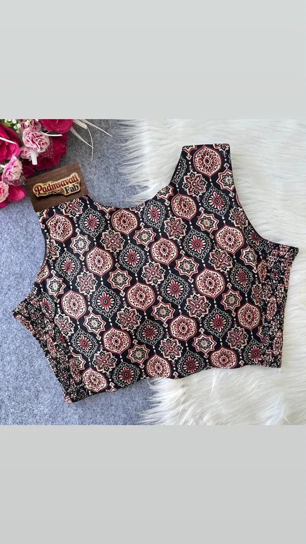 Black_Cotton_Ajrakh_Smocked_V-Neck_Blouse_For_Women