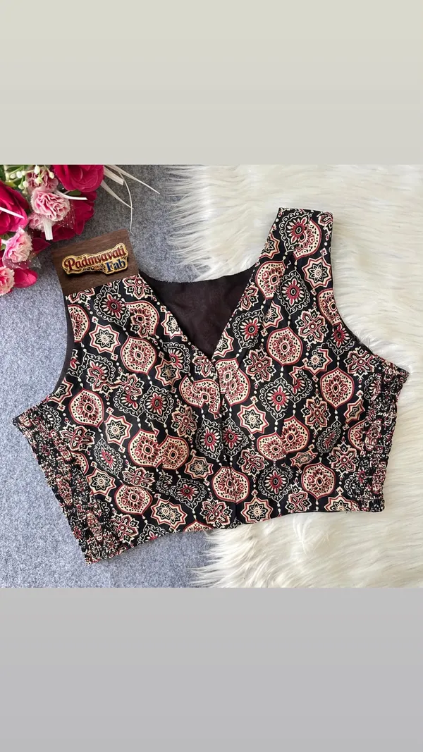 Black_Cotton_Ajrakh_Smocked_V-Neck_Blouse_For_Women