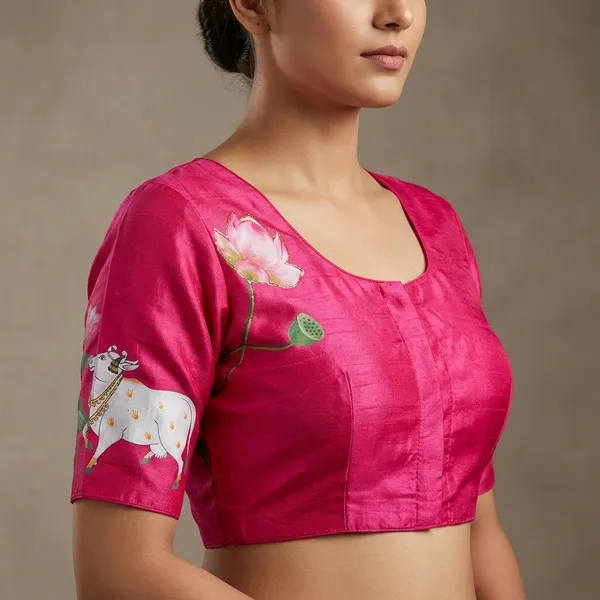 Pink_Tussar_Silk_Pichwai_Print_Ethnic_Blouse_For_Women